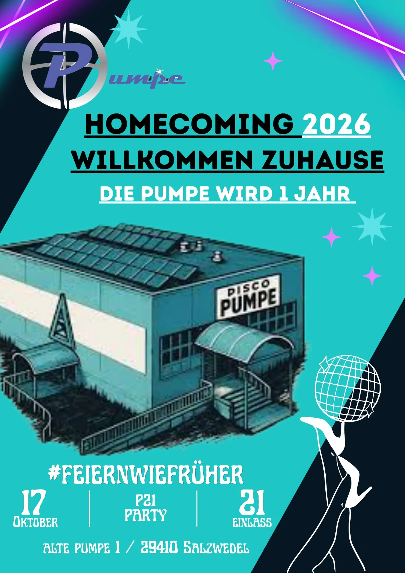 Veranstaltungsflyer Homecoming 2026 – Die Pumpe wird 1 Jahr