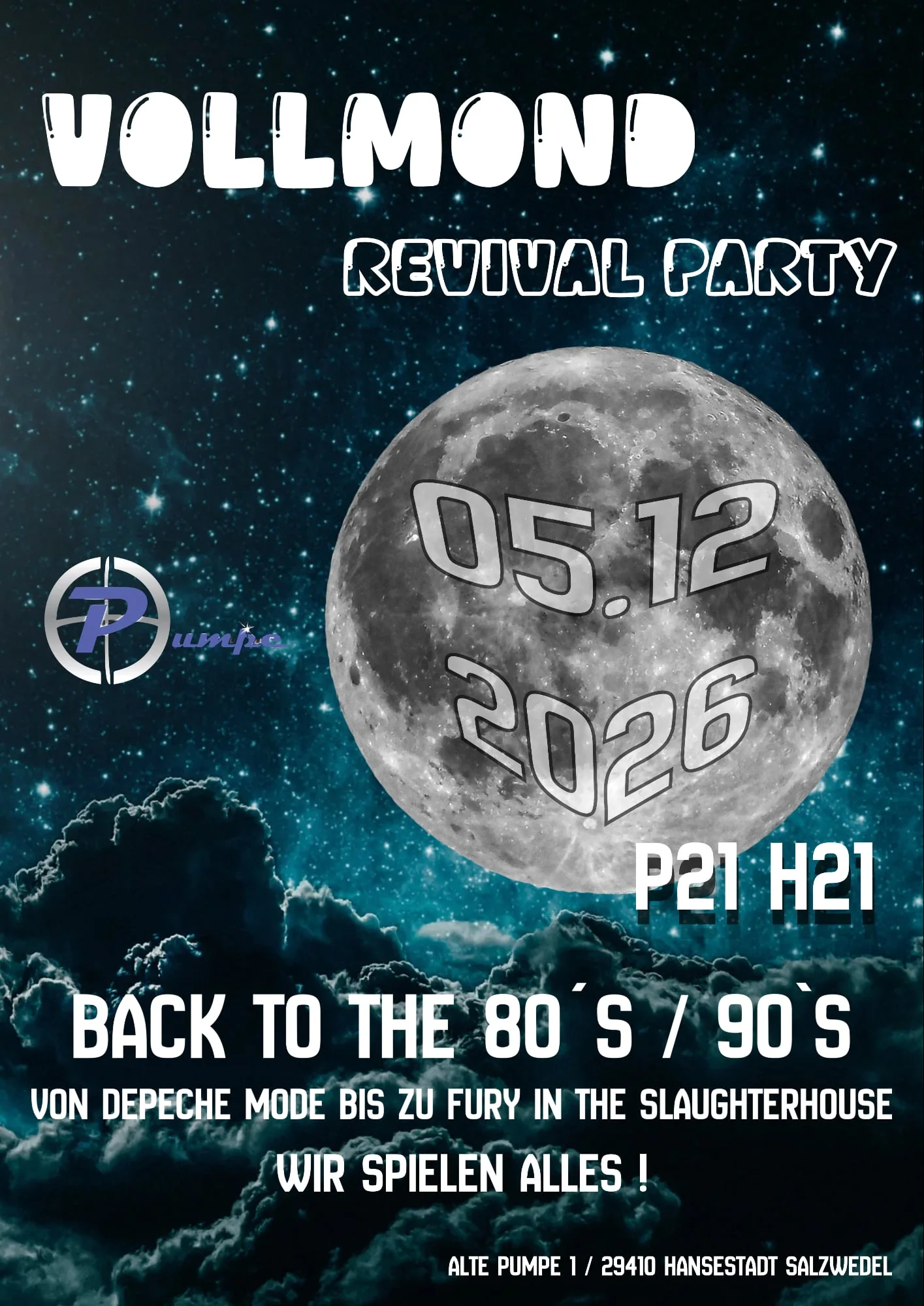 Veranstaltungsflyer Vollmond Revival Party am 5. Dezember 2026
